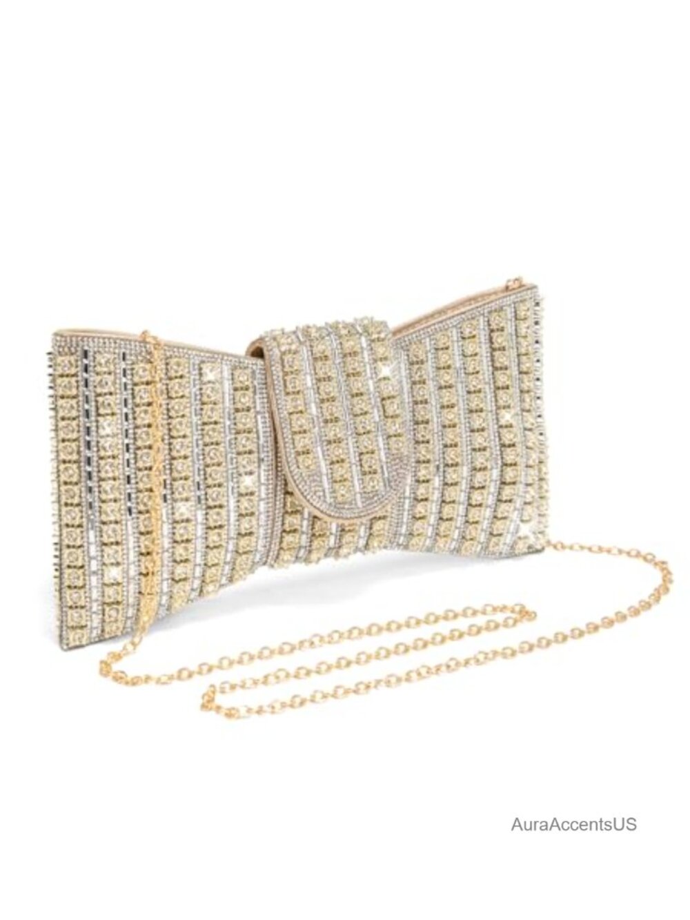 Rhinestone Bowknot Clutch Purse Vegan Leather Evening Bag with Chain